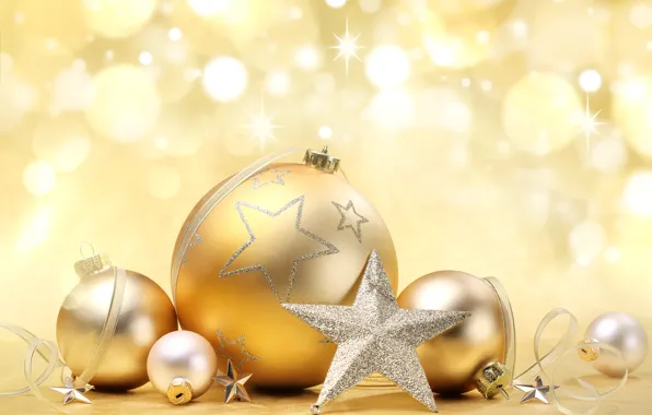 Шарики, украшения, блики, шары, игрушки, звезда, Новый Год, Рождество