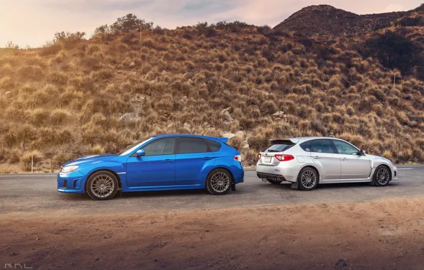 Две, Subaru, Impreza, WRX, серая, STI, синя