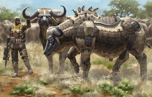 Картинка роботы, арт, солдат, буйволы