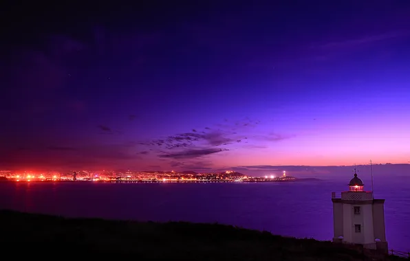 Картинка море, закат, город, маяк, Испания, Galicia, Mera