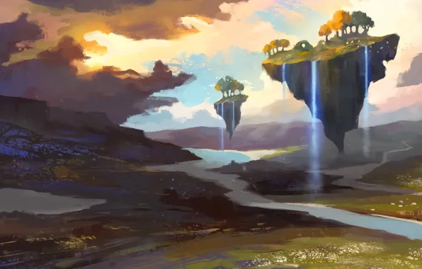 Картинка деревья, река, арт, водопады, нарисованный пейзаж, летающие островки