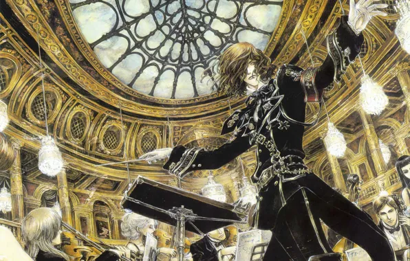 Концерт, перчатки, театр, trinity blood, купол, военная форма, музыканты, люстры