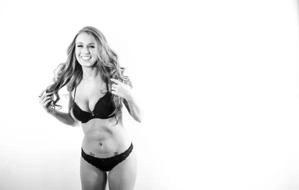 Girl, lingerie, bra, panties, woman, smile, model, black and white