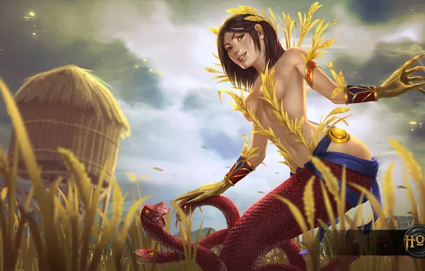 Пшеница, поле, змеи, девушка, hon, химера, Heroes of Newerth, Dewi Sri