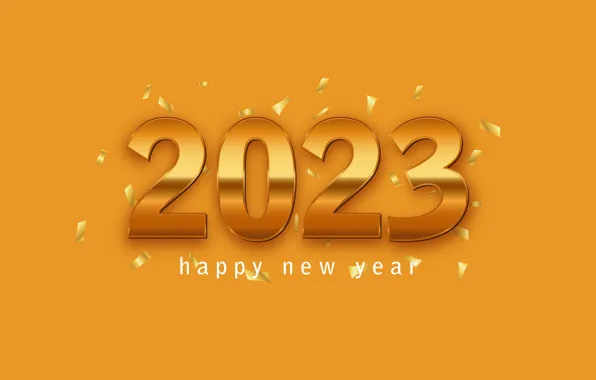 Золото, блеск, цифры, Новый год, позолота, оранжевый фон, дата, 2023