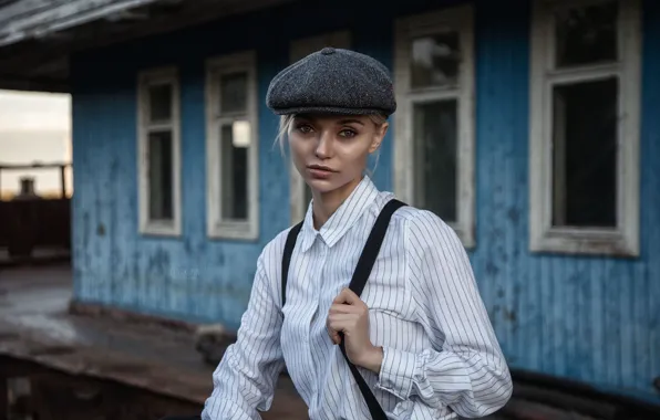 Взгляд, девушка, лицо, кепка, рубашка, подтяжки, Олег Климин, Екатерина Наговицына