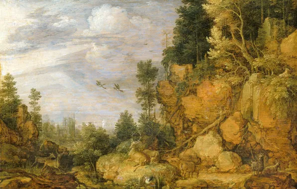 Масло, картина, 1620, Гиллис де Хондекутер, Gillis de Hondecoeter, Скалистый пейзаж с оленями и козами