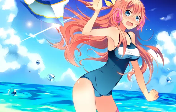 Girl, sexy, cleavage, beach, Vocaloid, pink hair, long hair, sea