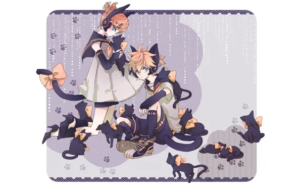 Кошки, аниме, арт, бантики, Vocaloid, Вокалоид, персонажи, котики