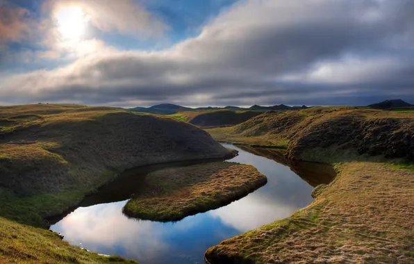 Картинка природа, река, холмы, Исландия, русло