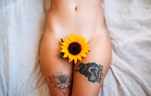 Legs, woman, bed, belly, tattoos, sunflower