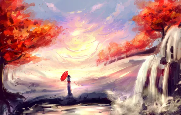 Картинка осень, небо, девушка, водопад, by b1tterRabbit