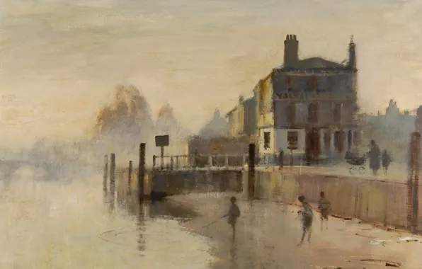 Туман, картина, рыбаки, городской пейзаж, Эдуард Сиго, Раннее Утро. Ричмонд