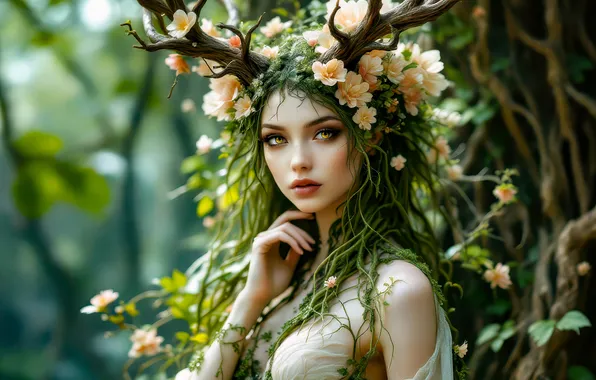 Зелень, грудь, взгляд, девушка, цветы, природа, дерево, ветви