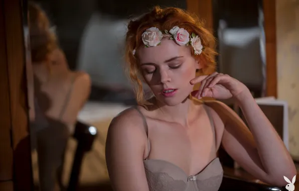 Playboy, bra, flowers, beautiful, model, redhead, mirror, Kate Ri