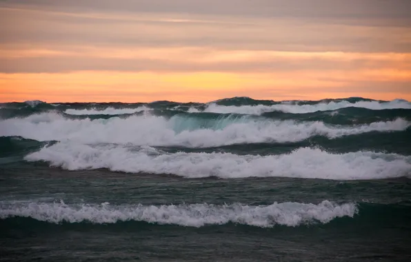 Волны, закат, Море, горизонт, waves, sea, sunset, horizon