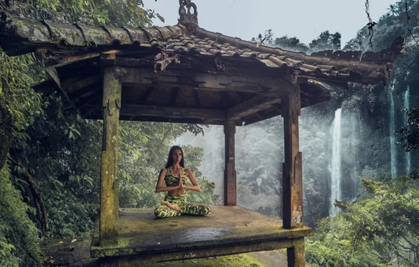 Девушка, Водопад, Бали, Индонезия, Bali, Медитация, Indonesia, Водопад Секумпул