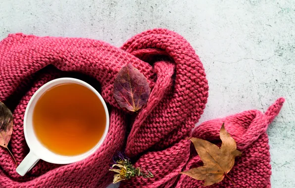 Осень, листья, тепло, чай, чашка, autumn, вязание, вязаная вещь