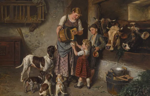 Картинка 1894, German painter, немецкий живописец, Adolf Eberle, Адольф Эберле, В коровнике, Im Kuhstall, In the …