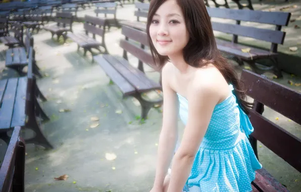 ASIAN, SMILE, BLUE DRESS, BRACELET