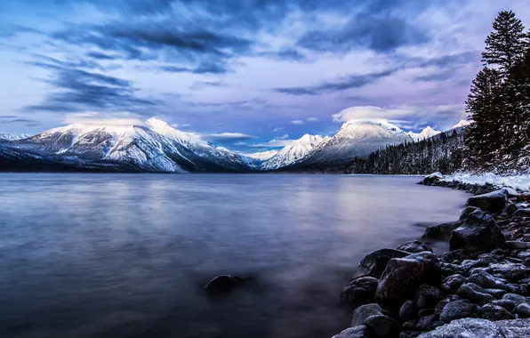Облака, снег, горы, природа, озеро, USA, Glacier National Park, штат Монтана