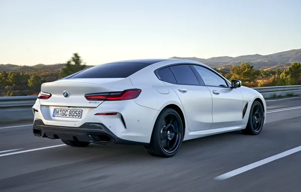 Картинка белый, движение, купе, BMW, сзади, Gran Coupe, 840i, 8-Series