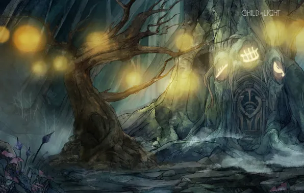 Картинка Fantasy, Tree, Wallpaper, Forest, Woods, Door, Child of Light, Glowing
