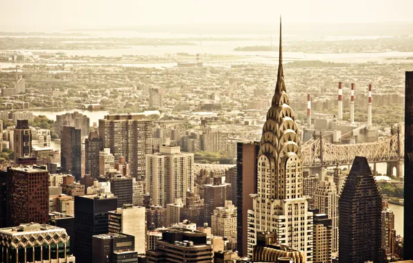 Город, вид, здания, дома, Нью-Йорк, небоскребы, крыши, панорама