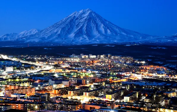 City, lights, night, view, volcano, petropavlovsk-kamchatsky