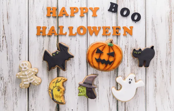 Картинка праздник, надпись, паук, печенье, тыква, хэллоуин