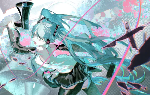 Девушка, Hatsune Miku, Vocaloid, рупор, Saclia