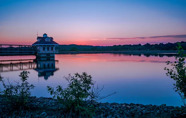 Лес, закат, река, берег, вечер, США, Newark, Delaware