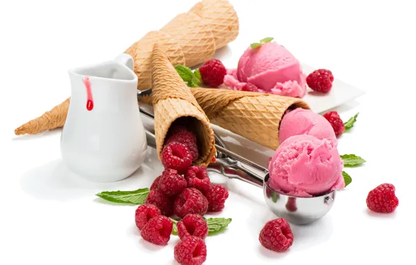 Малина, мороженое, рожок, сладкое, sweets, ice cream, raspberries
