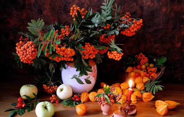 Яблоки, свеча, натюрморт, физалис, рябина, background, rowan, Apples