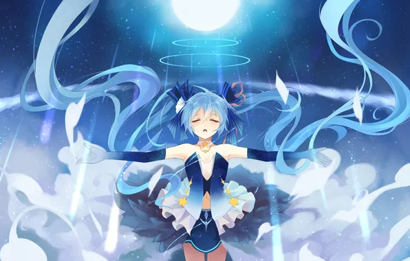 Девушка, луна, аниме, арт, vocaloid, hatsune miku, zerox
