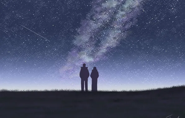 Небо, девушка, ночь, парень, млечный путь, by Tosaka