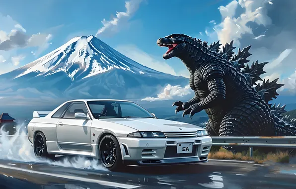 Картинка car, Japan, Nissan, white, skyline, painting, Godzilla, r32