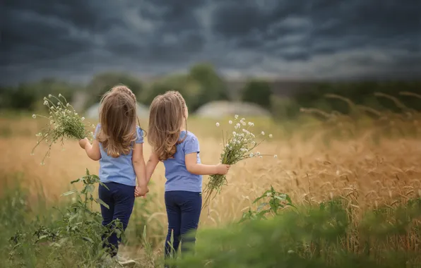 Картинка поле, небо, трава, тучи, природа, дети, девочки, сестрёнки
