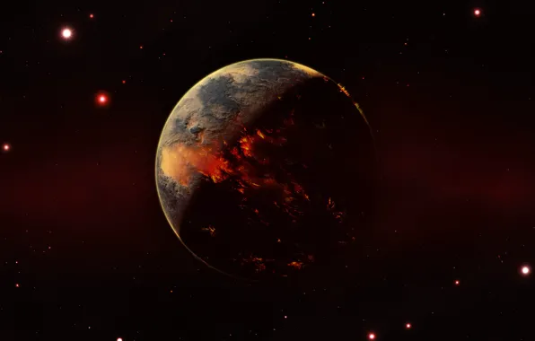 Звезды, Огонь, Планета, Космос, Fantasy, Арт, Stars, Space