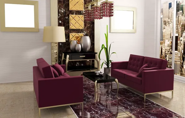 Картинка дизайн, стиль, комната, интерьер, кресло, квартира, фиолетовое