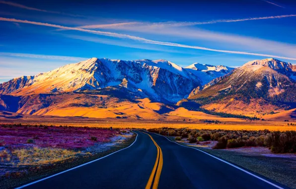 Road, mountains, sunlight