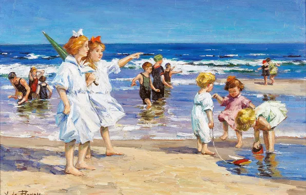 Море, Пляж, Дети, Люди, Картина, Девочки, Венгерский художник, A. de Fleury