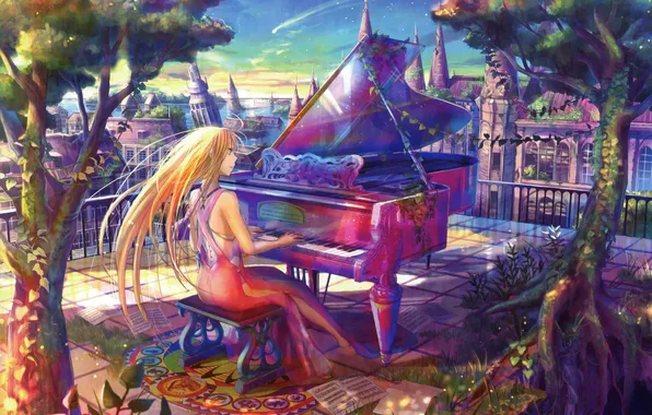 Картинка девушка, деревья, город, ноты, рояль, балкон, пианино, fuji choko