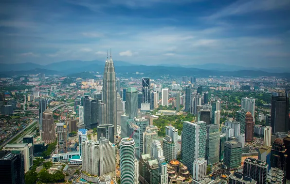 Здания, панорама, небоскрёбы, Малайзия, Kuala Lumpur, Malaysia, Куала-Лумпур, Башни Петронас