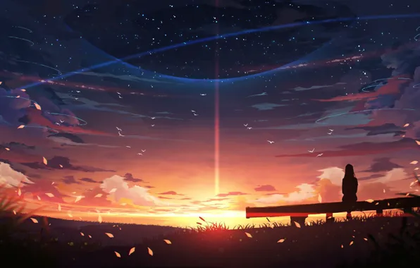 Картинка небо, девушка, закат, природа