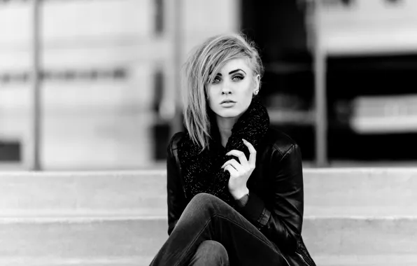 Girl, woman, model, jeans, black and white, female, sitting, stairs