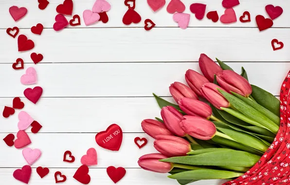Картинка любовь, цветы, букет, сердечки, тюльпаны, love, розовые, wood