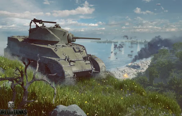 Цветы, дым, танк, World of Tanks, M5 Stuart