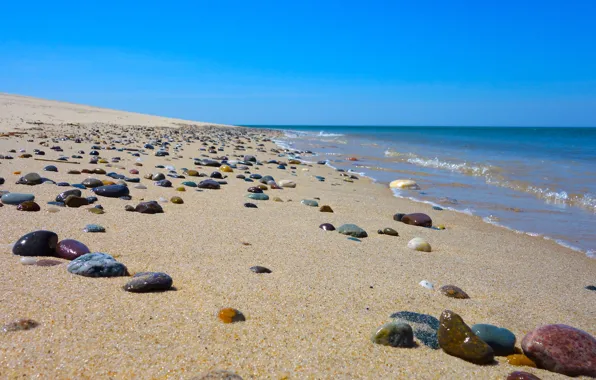 Картинка песок, море, волны, пляж, небо, камни