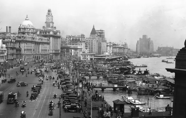 Картинка ретро, черно-белое, Шанхай, набережная, 1930е